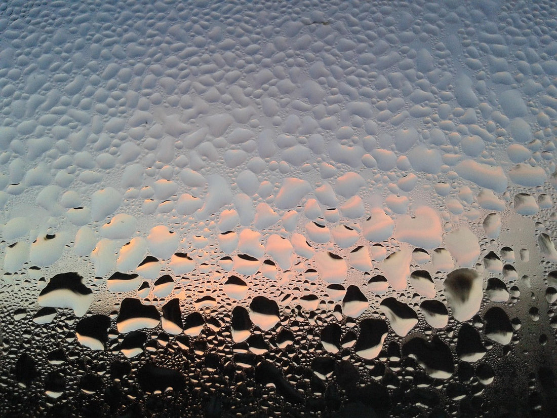 Condensación en el cristal de una ventana de casa al amanecer