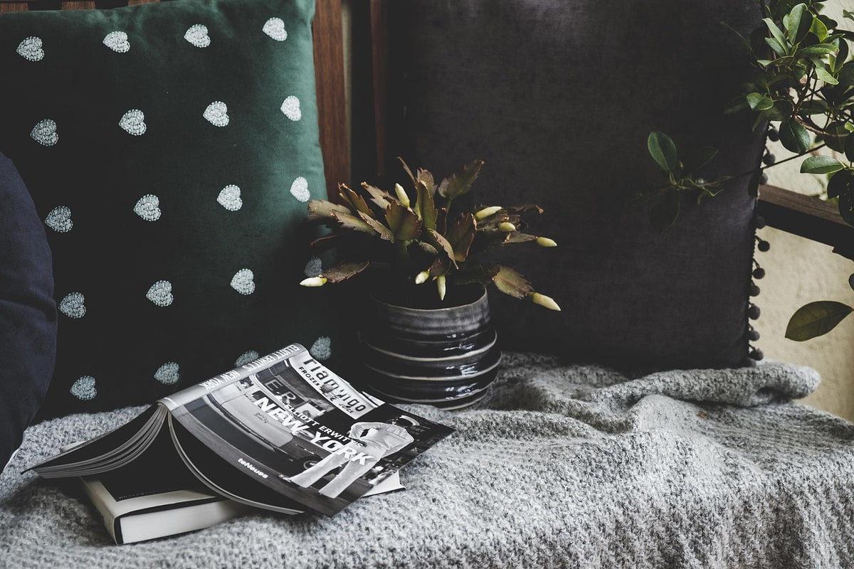 Regalos para amantes de la lectura: libros y cojÃ­n en un rincÃ³n de lectura