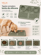 Tapete comedero lento de silicona con un perro comiendo despacio y sus 5 formas de uso