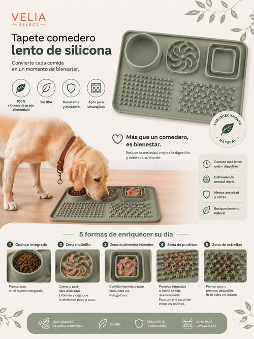 Tapete comedero lento de silicona con un perro comiendo despacio y sus 5 formas de uso