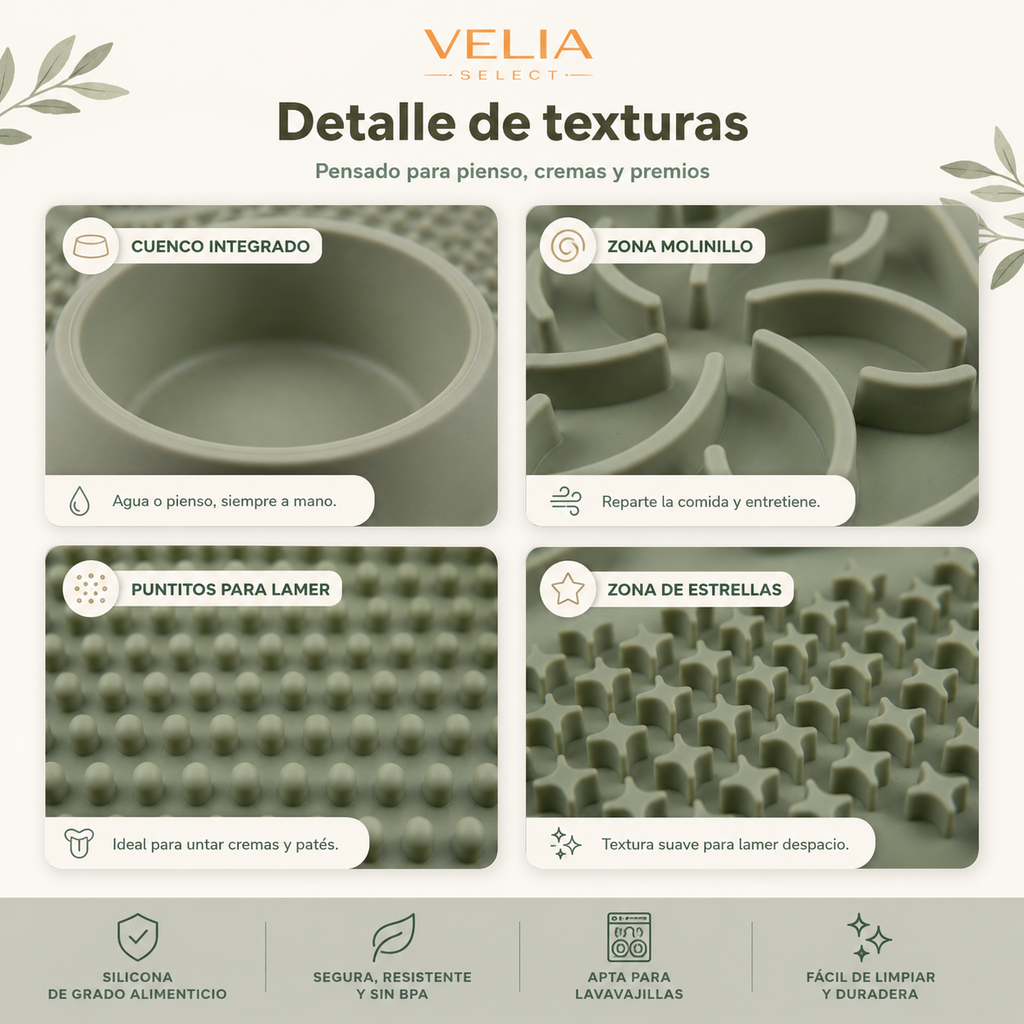 Detalle de las texturas del comedero lento de silicona para pienso, cremas y premios