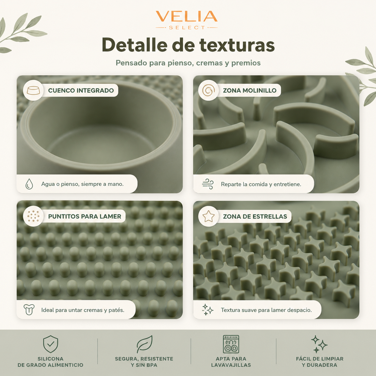 Detalle de las texturas del comedero lento de silicona para pienso, cremas y premios